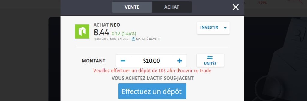 acheter du neo sur etoro